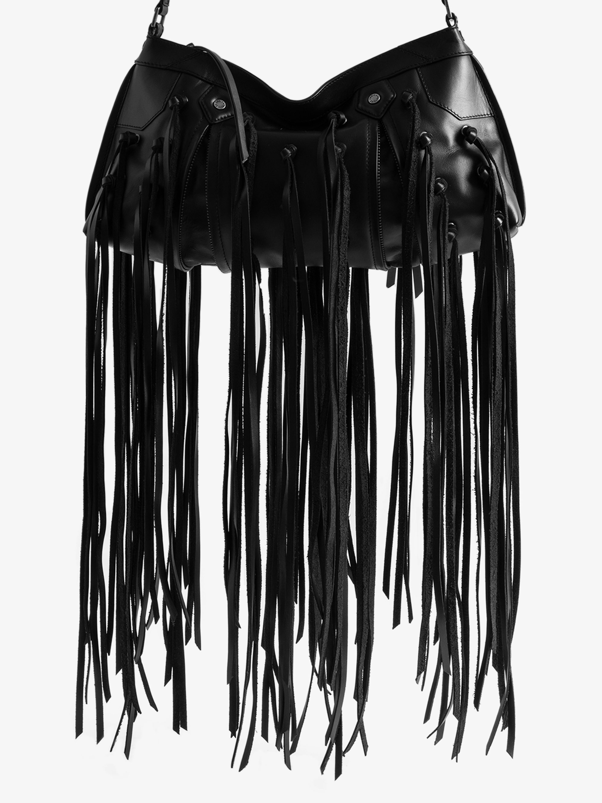 Sunny Moody Fringes Bag - A rebellion in motion. The Sunny Moody Fringes bag is reimagined with EGONlab’s signature edge—crafted in smooth black leather and slashed with dramatic fringe that moves with attitude. Western soul meets underground spirit in this bold, sculptural piece. Wear it slung over the shoulder or crossbody—just don’t expect to go unnoticed.